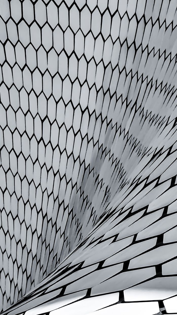 contact-img A striking geometric pattern with hexagonal shapes in monochrome.